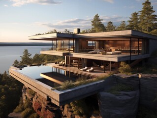 Obraz premium Sunset at The Cliffside Villa Overlooking a Serene Lake