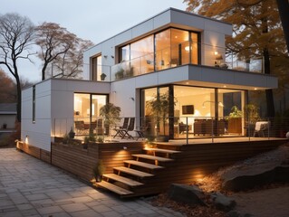 Twilight Hour at a Modern Home in Autumn Woods
