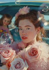 Whimsical portrait of a girl with pink roses and bubbles in a vintage car. Fashion portrait. Summer pastel concept.