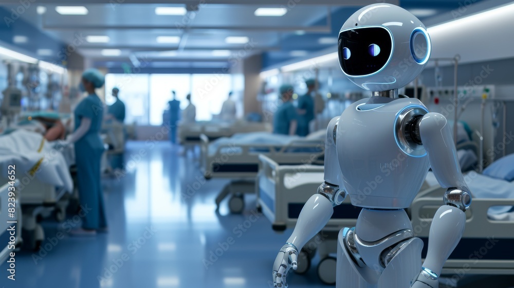Poster a futuristic robot with glowing eyes navigates a hospital ward, exemplifying advanced robotics in a 