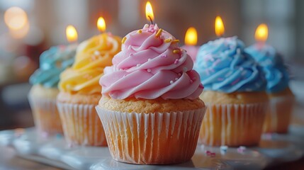 Birthday cupcake with candles on summer party, holidays background. Generative AI