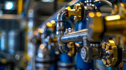 Fototapeta premium A closeup of an industrial heat recovery system with various pipes and valves representing the complexity and engineering behind this technology.