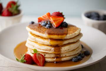 pouring syrup on piled pancake with strawberries and bluberries