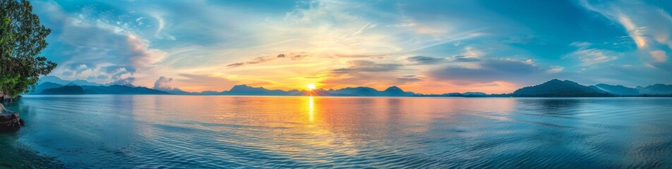 Obraz premium Beautiful panoramic view of a colorful sunset over calm sea water with a mountain range in the background