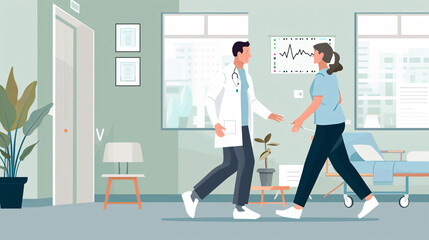 A physical therapist is helping a patient practice walking. With steady hands, the therapist supports the patient, offering encouragement and guidance. The patient's determination is evident.