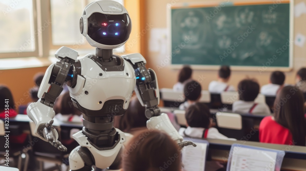 Poster a humanoid robot actively engages with young students in a classroom setting, demonstrating interact