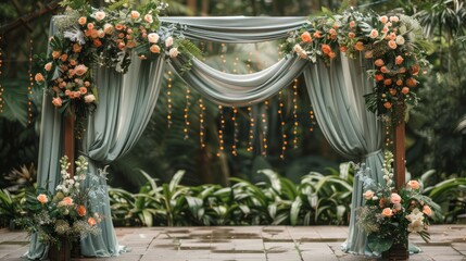 Elegant Outdoor Wedding Altar with Sage Green Drapes and Floral Decor, Wide Shot with Ample Copy Space