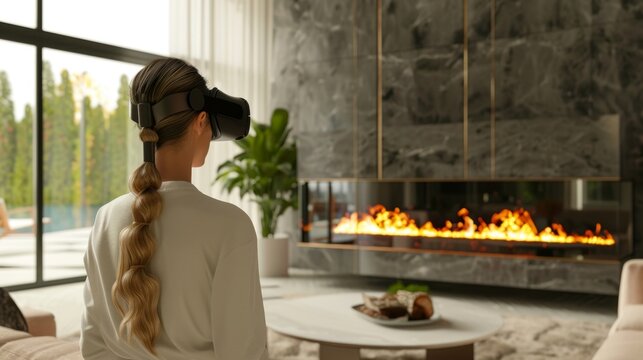 A woman stands in front of a virtual reality fireplace able to test out different mantlepieces styles and even firewood options to perfect the cozy ambiance of her living room.