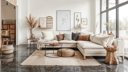 Living room Interior with Fireplace | Minimalist Sofa Set | Living Room With Wall Art