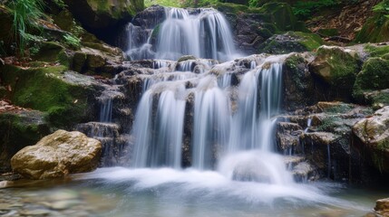 A serene multi-tiered waterfall cascades gently over mossy rocks surrounded by a lush forest, creating a tranquil natural scene.