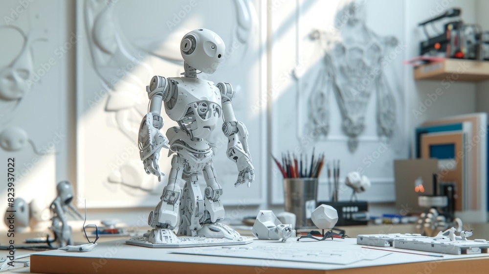 Poster a highly detailed scene showing a robot amidst various artistic tools and unfinished sketches, illus