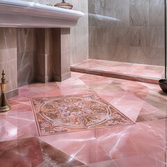 A luxury bathroom floor laid with intricate pink marble tile patterns, the detailed craftsmanship of the stone work adding an element of sophistication.