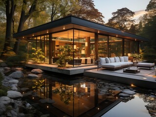 Obraz premium Twilight Serenity at a Modern Glass House in the Forest