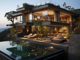 Obraz premium Twilight Serenity at a Modern Mountain Villa