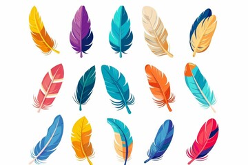 colorful bird feather icons isolated on white background flat vector illustration set
