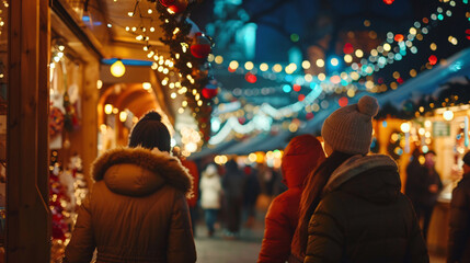 People are enjoying shopping at the Christmas market, where colorful lights illuminate the festive atmosphere. The air is filled with the scent of mulled wine and roasted chestnuts as shoppers browse.