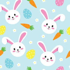 Easter seamless pattern with bunnies, carrots, flowers, easter eggs, flowers, beautiful blue background. Suitable for Easter cards, banner, textiles, wallpapers. Vector illustration.