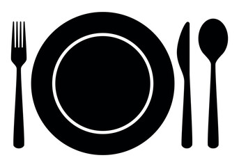 place setting cutlery - fork, knife, spoon and plate silhouette shape, black and white vector illustration