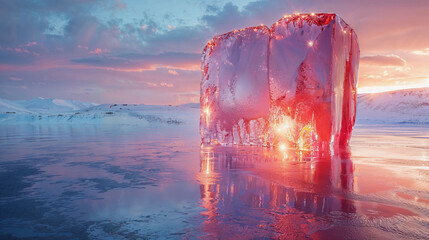 An ice rock lit up at Sunset