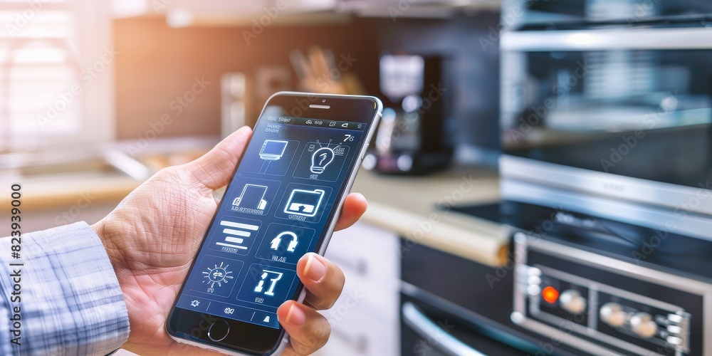 Poster Controlling Smart Home Devices with a Mobile App, showcasing the convenience and innovation of home automation technology, Generative AI