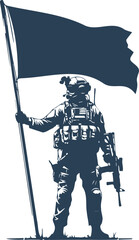 Armed soldier with a flag in vector stencil style