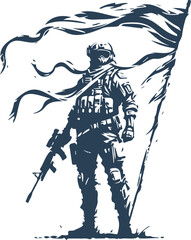 Armed soldier with a raised flag in vector stencil style