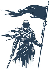 Fully equipped soldier in vector stencil holding a flag