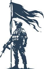 Fully equipped soldier next to a raised flag in vector stencil
