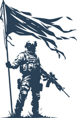 Fully equipped soldier holding a flag in vector stencil