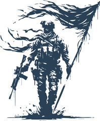 Modern soldier standing by a raised flag in full gear vector stencil