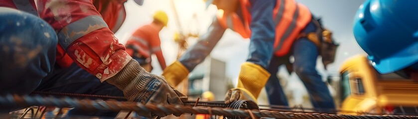 Skilled Construction Workers Meticulously Placing Steel Reinforcement Bars for Concrete Infrastructure Project