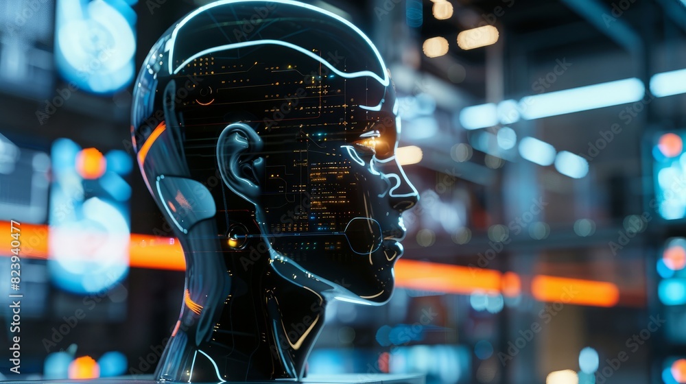 Poster robot head overlooking a virtual dashboard from a podium.