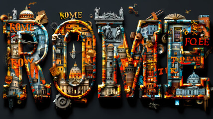 Rome city destination poster in the style of film photo montage depicting iconic landmarks and scenes from the city. Vacation and international travel concept.