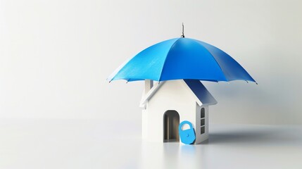 Blue umbrella over a house symbolizing real estate insurance.


