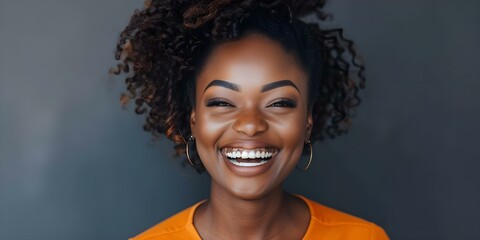 Portrait of a Smiling African-American Woman on a Dark Background with Copy Space. Concept Portrait Photography, African-American Woman, Smiling, Dark Background, Copy Space