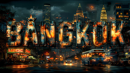 Fototapeta premium Bangkok city destination poster in the style of film photo montage depicting iconic landmarks and scenes from the city. Vacation and international travel concept.