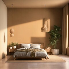 Living room interior room concrete wall in warm tones,gray armchair on wooden flooring.	