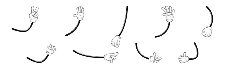 Cartoon Hand and Comic Arm with Five Fingers in White Glove Gesturing Vector Set