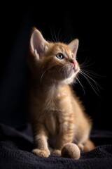 A kitten is sitting on a black blanket with a ball in front of it