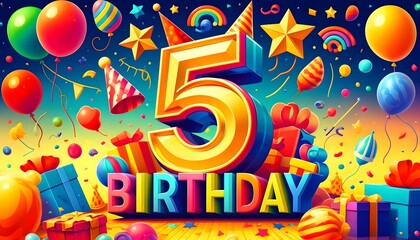 Colorful Fifth Birthday Celebration with Festive Number Five, Balloons, and Gifts on a Vibrant Background