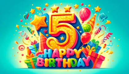 Fototapeta premium Colorful Fifth Birthday Celebration with Festive Number Five, Balloons, and Gifts on a Vibrant Background