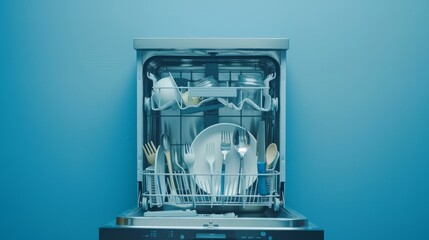 Dishwasher packed with utensils, isolated against a blue background.