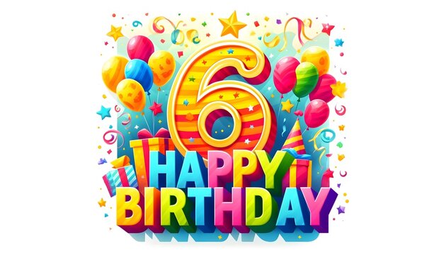 Colorful Sixth Birthday Celebration with Festive Number Six, Balloons, and Gifts on a Vibrant Background