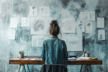 Artist gazing at her sketch-filled wall