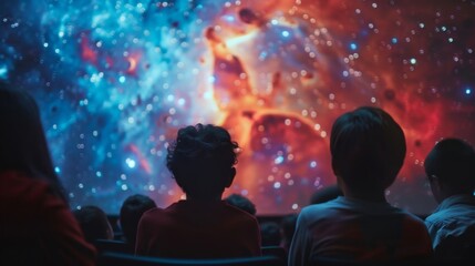 The planetarium dome lighting up with colorful visuals and vibrant constellations as a group of students watches a lively educational presentation on space.