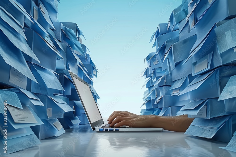 Poster overwhelmed by email overload in a modern office, highlighting the challenges of digital communicati
