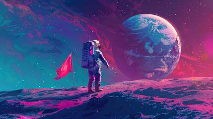 Astronaut planting a flag on the moon with Earth in the background, vibrant colors and dramatic lighting scene. Moon landing
