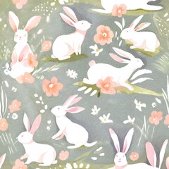 Wallpaper floral with white rabbits