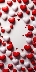 White background with many red and white hearts all around it with empty space in the center