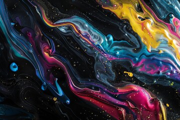 colorful liquid with undulations and swirls on black shiny background abstract wallpaper